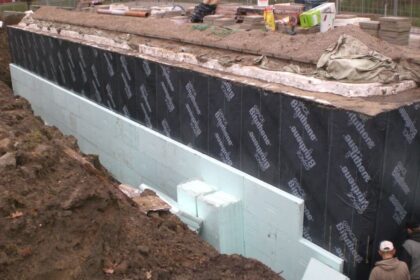 Prace budowlane przy izolacji fundamentów z użyciem specjalistycznych materiałów.